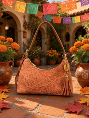 Peachy Terracota Floral Embossed Tooled Artisan LEATHER Shoulder Bag Purse